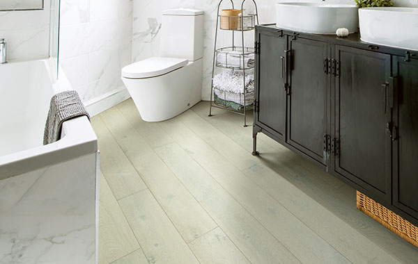 waterproof hardwood flooring in bathroom - Twenty and Oak