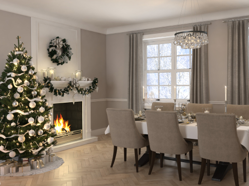 3d rendering. luxury dining room with christmas decoration.