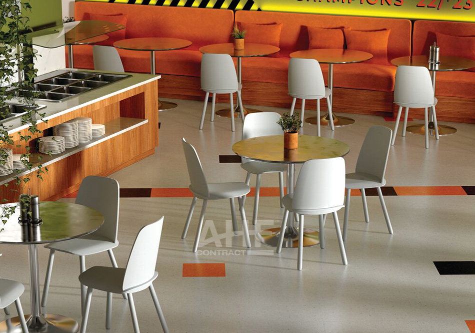 AHF Contract Highlights color Acropolis Apricot and Iliad colors Ermine White-Imperial Black in Cafeteria Close Up