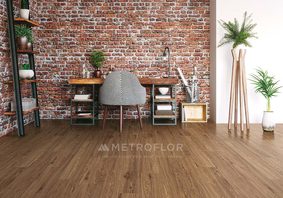 Metroflor, Inception 120, Gunstock Oak home office with brick wall