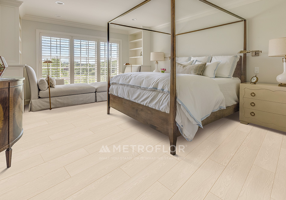 Inception 120 color Relaxed Oak waterproof flooring in guest bedroom